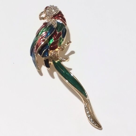 Vintage Gold Tone Red Green Enamel and Pave Rhinestone Tropical Bird Brooch - Picture 3 of 6